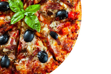 Pizza with Mozzarella cheese, salami, pepper, ham, pepperoni, olives, Spices and Fresh Basil. Italian pizza isolated on white background. with copy space. top view