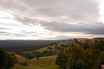 Fototapeta premium Poland. September 22, 2018. View of hills and forests. Ski resort. Cloudy weather. The surrounding area Zieleniec