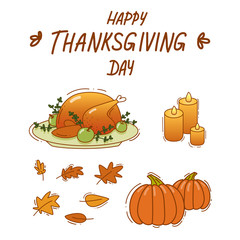 vector thanksgiving illustration with turkey, pumpkin, candles and leaves - 230233493