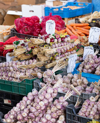 Fresh onion, garlic, peppers, carrots, parsley in vegetables market