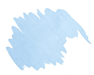 Blue pastel watercolor hand-drawn isolated wash stain on white background for text, design. Abstract texture made by brush for wallpaper, label.