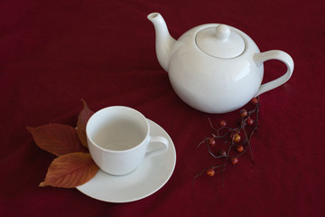 Weißes Teeservice mit Teekanne und Teetasse mit herbstlicher Dekoration auf roter Kuscheldecke Querformat