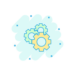 Vector cartoon gear icon in comic style. Cog wheel concept illustration pictogram. Gearwheel cogwheel business splash effect concept.