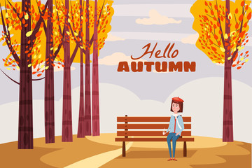 Hello Autumn, happy girl sitting on a bench with a cup of coffee, under a tree with falling leaves in a park, lettering, vector, illustration, isolated