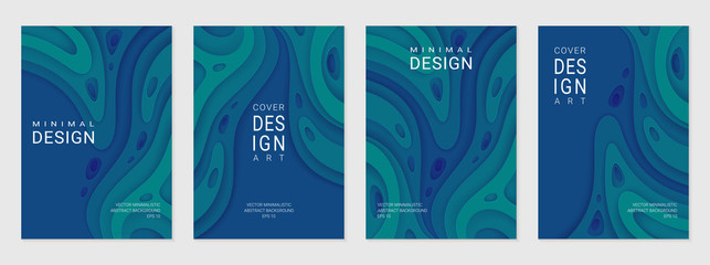 Set of four brochure, flyer or card; Abstract paper cut blue background with wavy layers; Realistic carving art; Vector 3d template with place for text.
