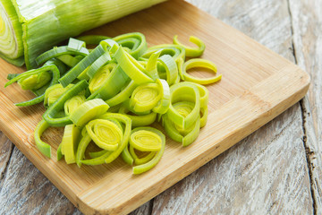 slices of leek on the chopping board - Allium ampeloprasum var