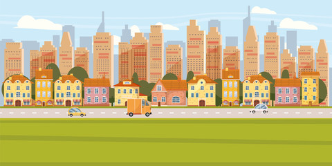 Cityscape Background Modern City Panorama With Road Suburban Downtown Over Skyscrapers Skyline Silhouette Cartoon Vector Illustration