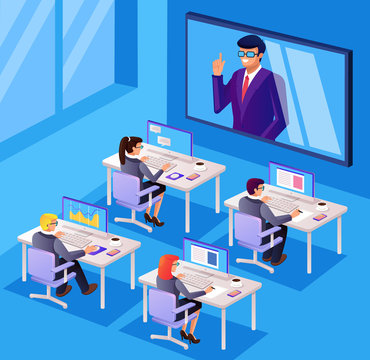 Business people office workers manager character discussion communicate talking by video conference by monitor tv internet. Online seminar technology. Vector flat cartoon graphic design isolated