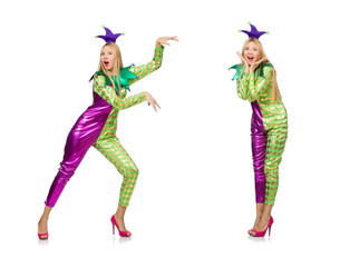 Woman wearing clown costume isolated on white