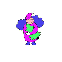 Vector illustration of a girl hugging a Christmas tree, flat design of a Christmas card