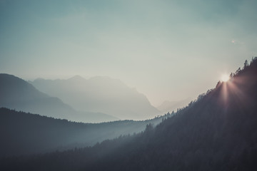 Panoramic view of the mountains in the European Alps in Austria at early morning, nature background concept