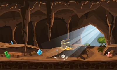 Treasure cave with chest gold coins, gems. Concept, art for computer game. Background image to use games, apps, banners, graphics. Vector cartoon illustration