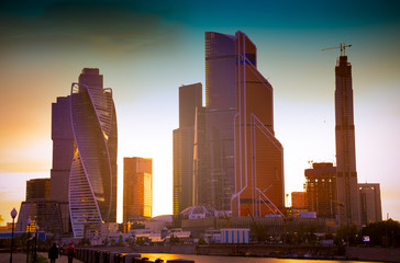 Panoramic of Dramatic sky in the office building at Moscow-city in Russia. Moscow International Business Center with sunset sky scene.