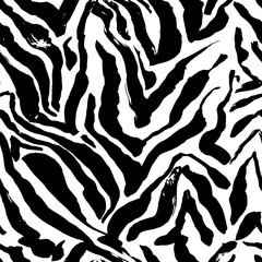 Brush painted zebra seamless pattern. Black and white stripes grunge background.