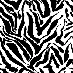 Fotobehang Dierenhuid Borstel geschilderd zebra naadloos patroon. Zwart-witte strepen grunge achtergrond.