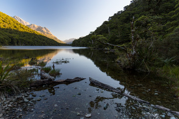 Fototapeta na wymiar Sunset at Lake Howden Hut, Routeburn Trek, Southland, New Zealand