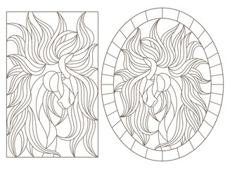 Set of contour illustrations of stained-glass Windows with horses, oval and rectangular image, dark contours on a white background