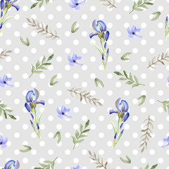 Seamless floral pattern with iris. Watercolor hand drawn