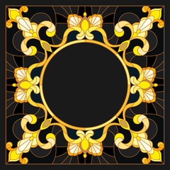 Illustration in stained glass style frame with floral,golden flowers and leaves on a dark background,rectangular image