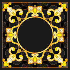 Illustration in stained glass style frame with floral,golden flowers and leaves on a dark background,rectangular image