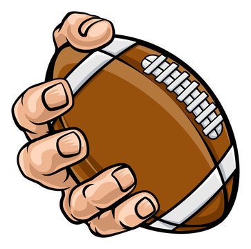 A strong hand holding an American football ball. Sports graphic