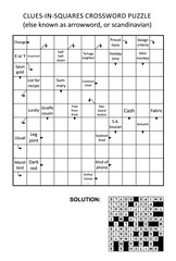 Clues-in-squares crossword puzzle, or arrow word puzzle, else arrowword, scandinavian, or scanword, skanword. General knowledge, non-themed, family friendly. Solution included. 
