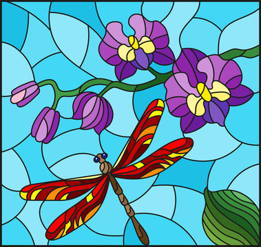 Illustration in stained glass style with a branch of purple  Orchid and red bright dragonfly on a blue background