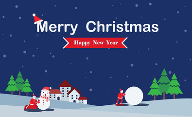 Christmas card winter landscape background with house, Christmas tree and characters playing with snowman and snow ball , Vector Illustration.