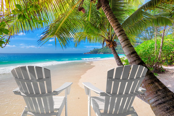 Vacation sandy beach with beach chairs, palm and turquoise sea.  Summer vacation and tropical beach...