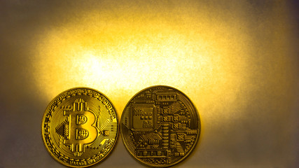 digital currency and financial concept from close up group of gold bitcoin arrange with copy space...