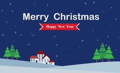 Christmas card winter landscape background with house, Christmas tree, Vector Illustration.