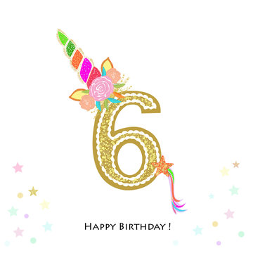 Six. Sixth birthday. Colorful unicorn birthday invitation. Baby shower, party invitation greeting card