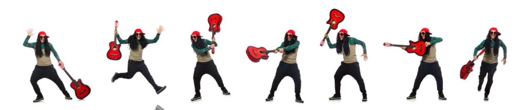 Man with guitar in musical concept on white