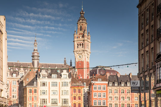 Lille, General De Gaulle square with a view of the tower of the chamber of commerce