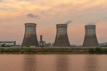 power plant with sunset