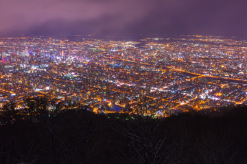 cityscape in the night view from Moiwa mountain, Sapporo in Kokkaido, Japan