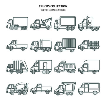 Truck icons set in thin line style