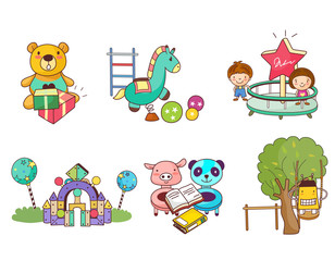 Variation of colorful objects displayed in a row against white background