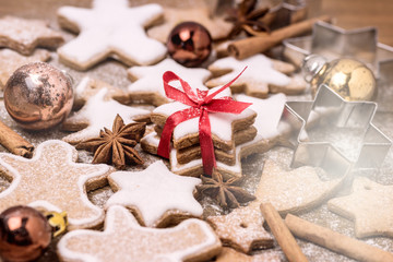 Fototapeta na wymiar Christmas Homemade Gingerbread Cookies on Wooden Background Christmas Background Christmas Sweet Food Above