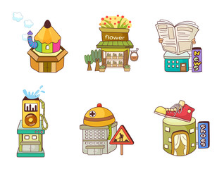 Variation of colorful objects displayed in a row against white background