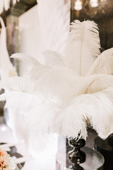 White ostrich feather wedding decoration of restaurant