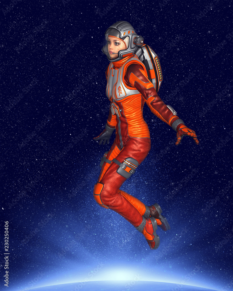 Poster astronaut woman in front of space background with planet earth and stars. 3d rendering.