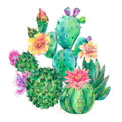 Exotic natural vintage watercolor blooming cactus greeting card © depiano