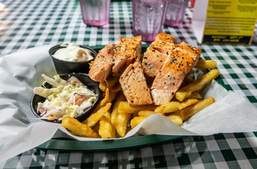 French fries chips and salmon dish, Alaska