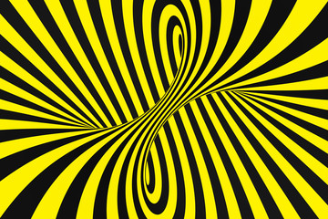 Black and yellow spiral tunnel from police ribbons. Striped twisted hypnotic optical illusion. Warning safety background.