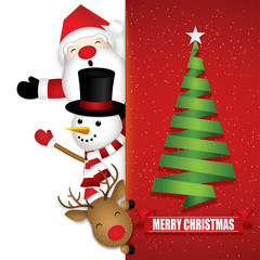 Merry Christmas with cute Santa Claus Reindeer and Snowman .