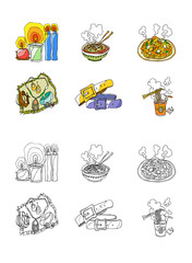 Variation of colorful objects displayed in a row against white background