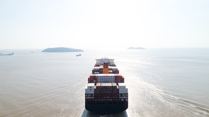 Aerial top view container cargo ship in import export business logistic and transportation of...
