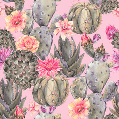 Exotic natural vintage watercolor blooming cactus seamless patte