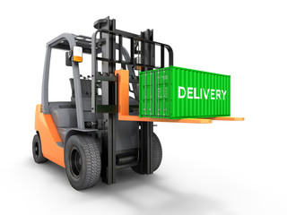 Forklift handling small cargo shipping container isolated on white background 3d render